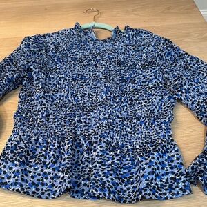 Express Blue and White Smocked Ruffled Blouse